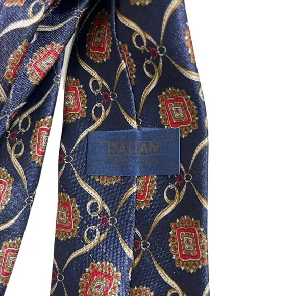 Italian pure silk men's tie blue red patterned 3" wide 56" long - Picture 4 of 5
